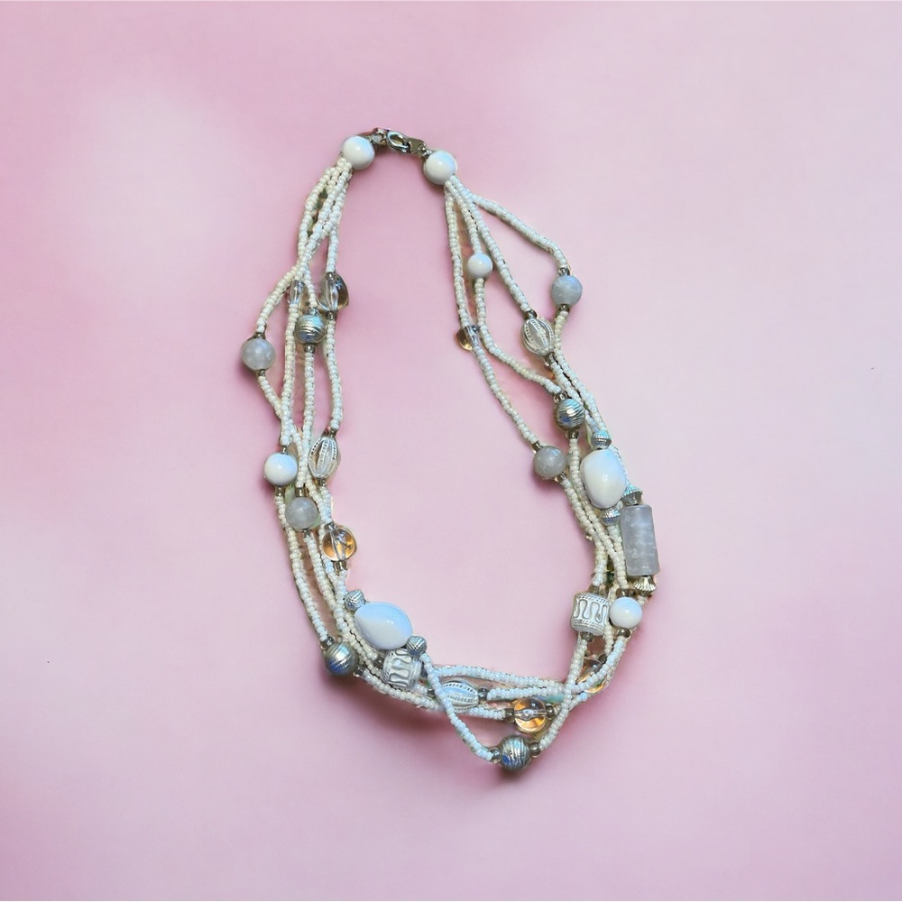 White and Silver Beaded Multi Strand Necklace